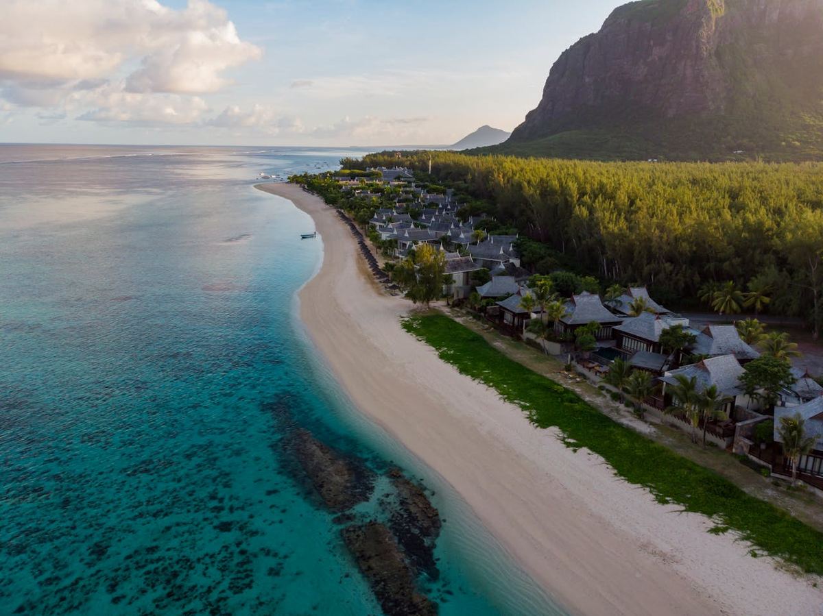 Aerial view of limestone formations near tropical island